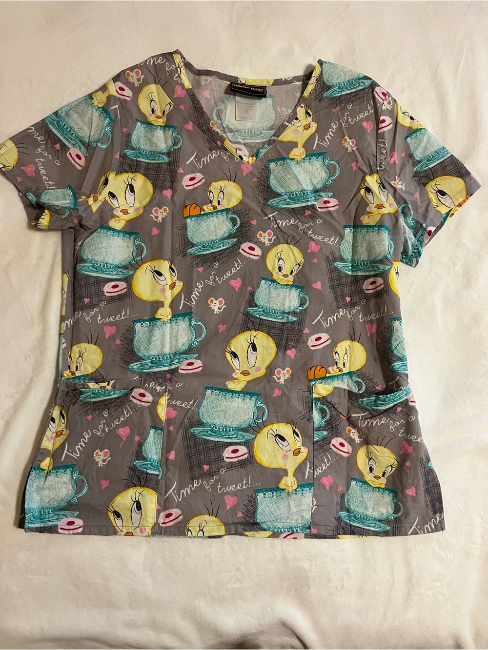 Tweety Bird Gray V-Neck Scrub Top with Teal Cups